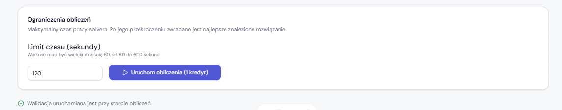 Ustawienie limitu czasu solvera i przycisk uruchamiania obliczeń