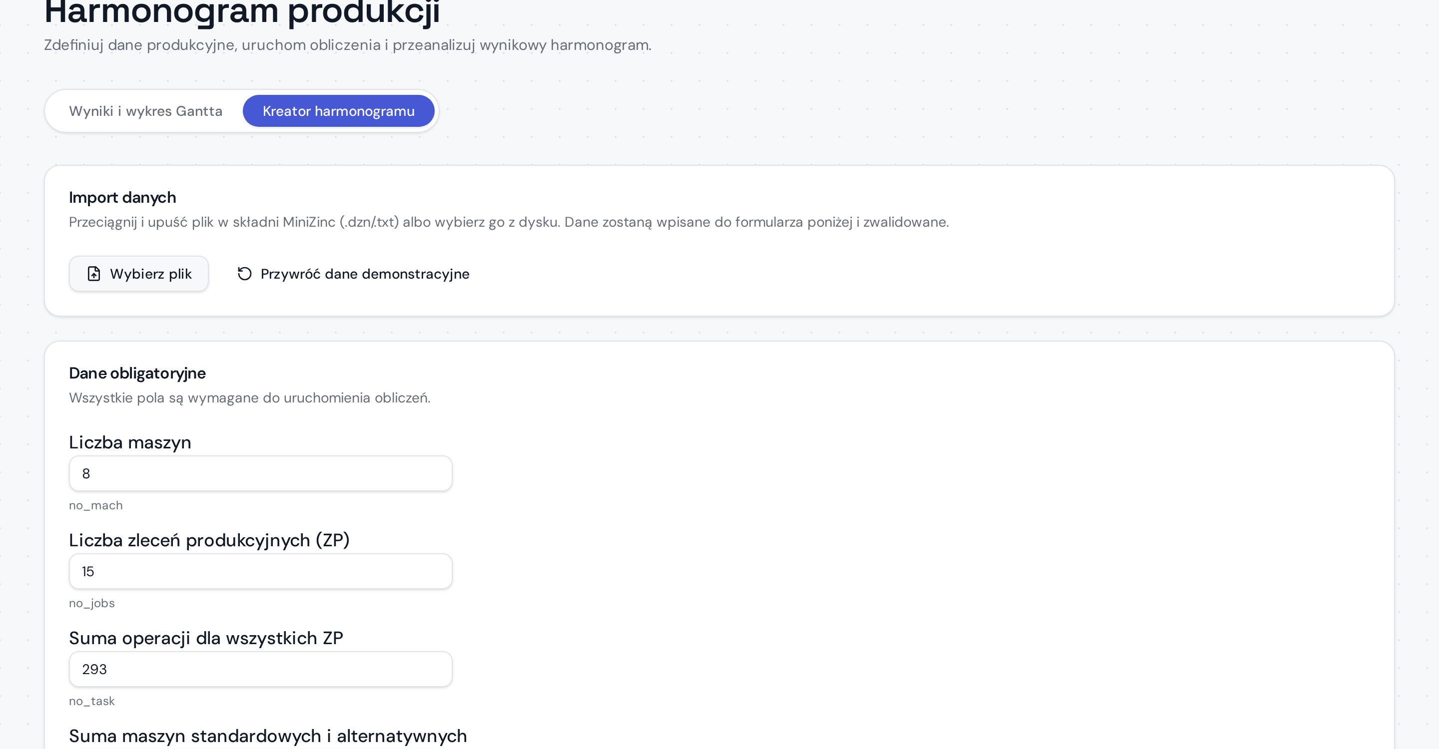 Kreator harmonogramu z formularzem danych wejściowych